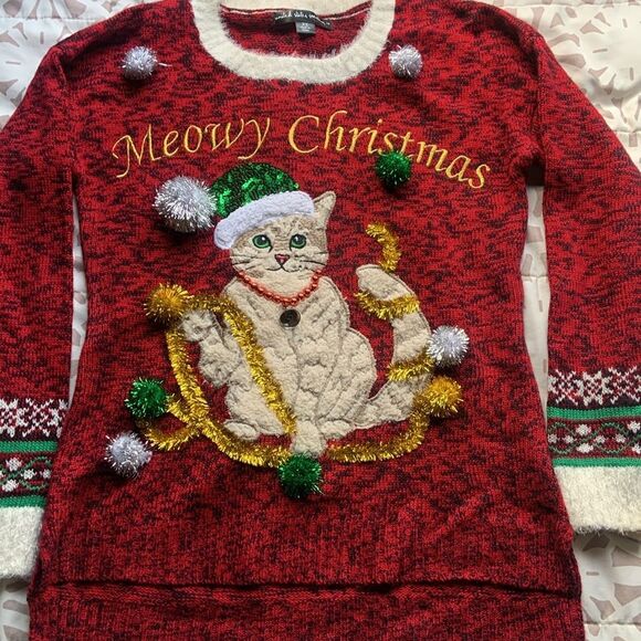 Women's Holiday Cat Sweater Christmas Kitty Tinsel Sequins Bling XS Embellished - Picture 3 of 3